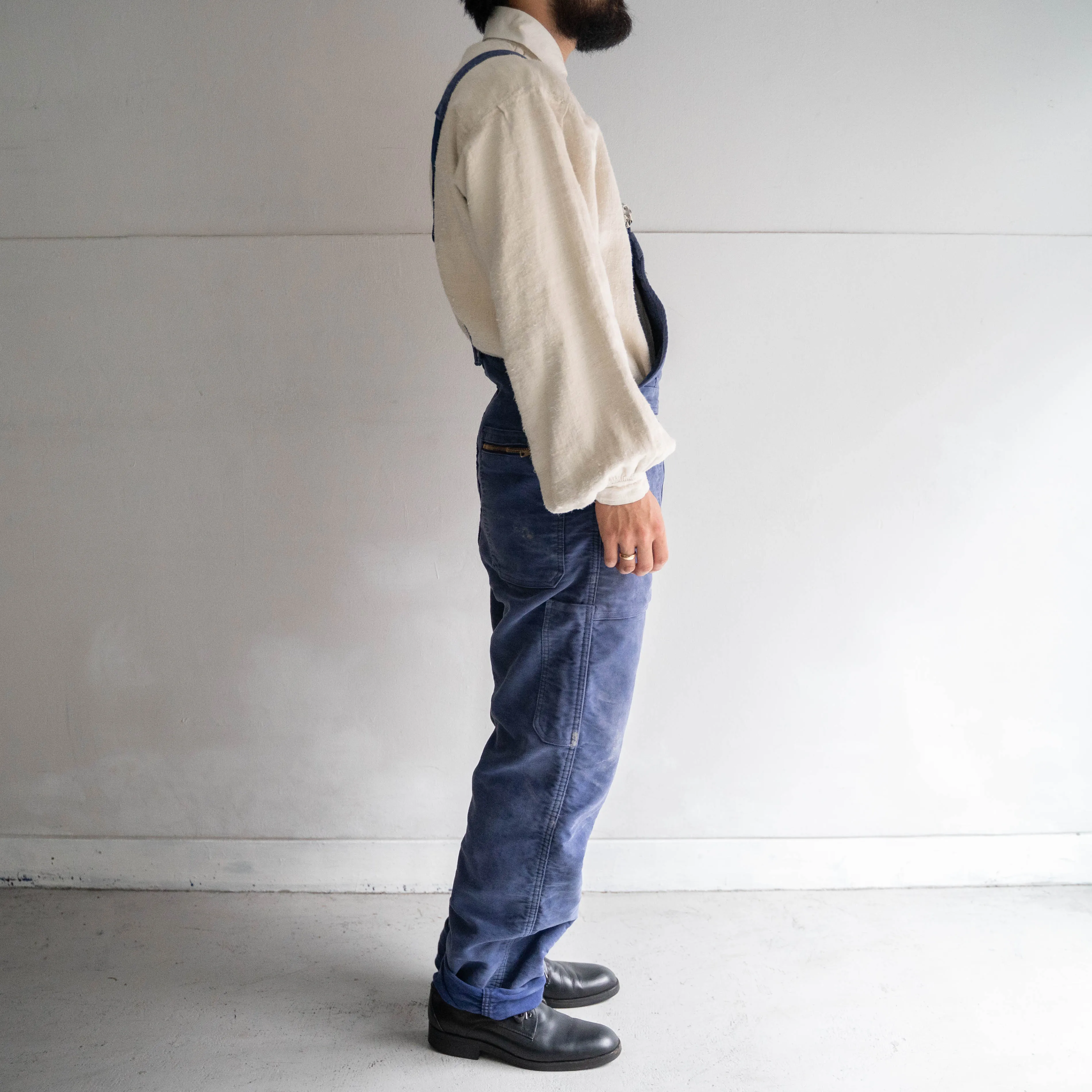 1950-60s blue moleskin work overall -good damage-