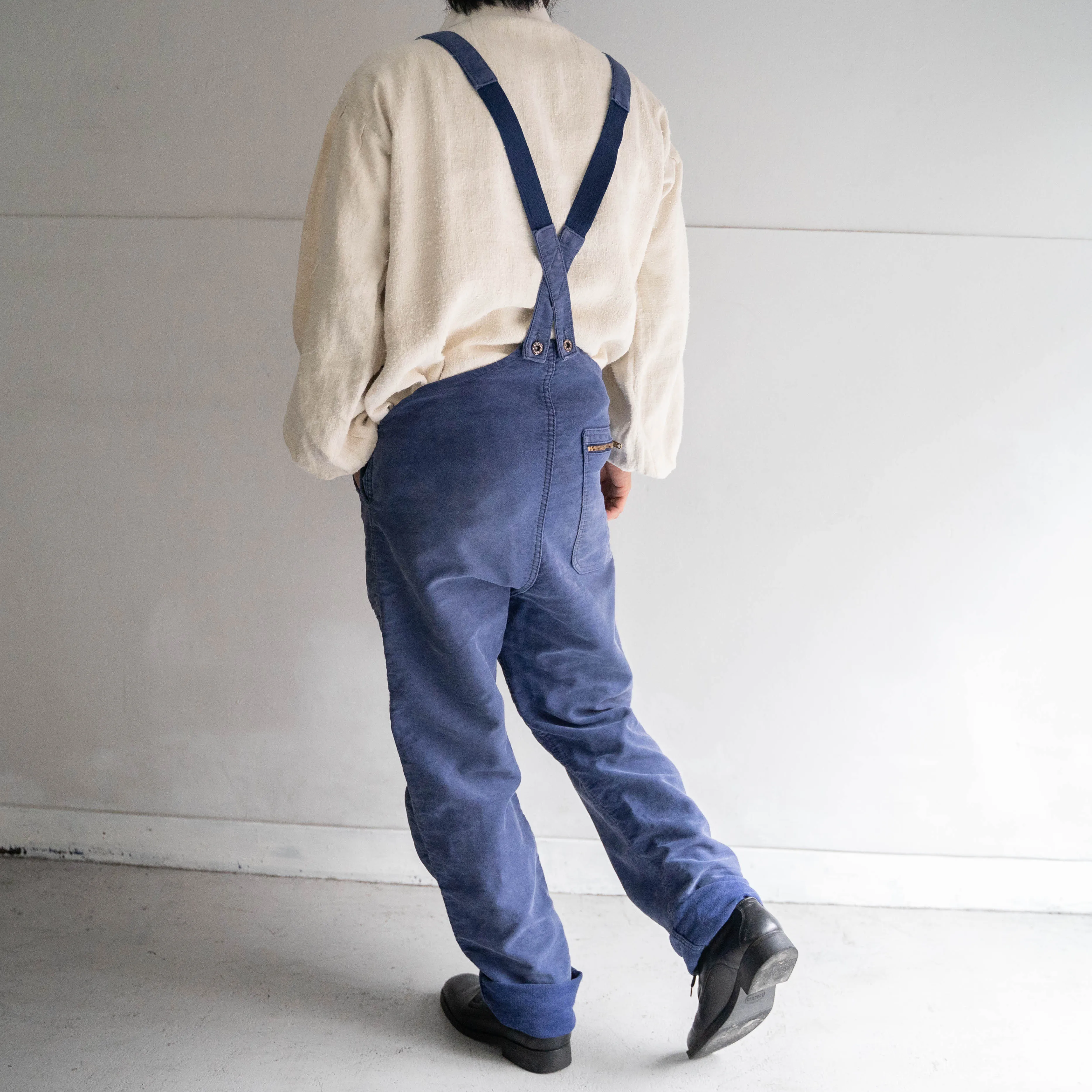 1950-60s blue moleskin work overall -good damage-