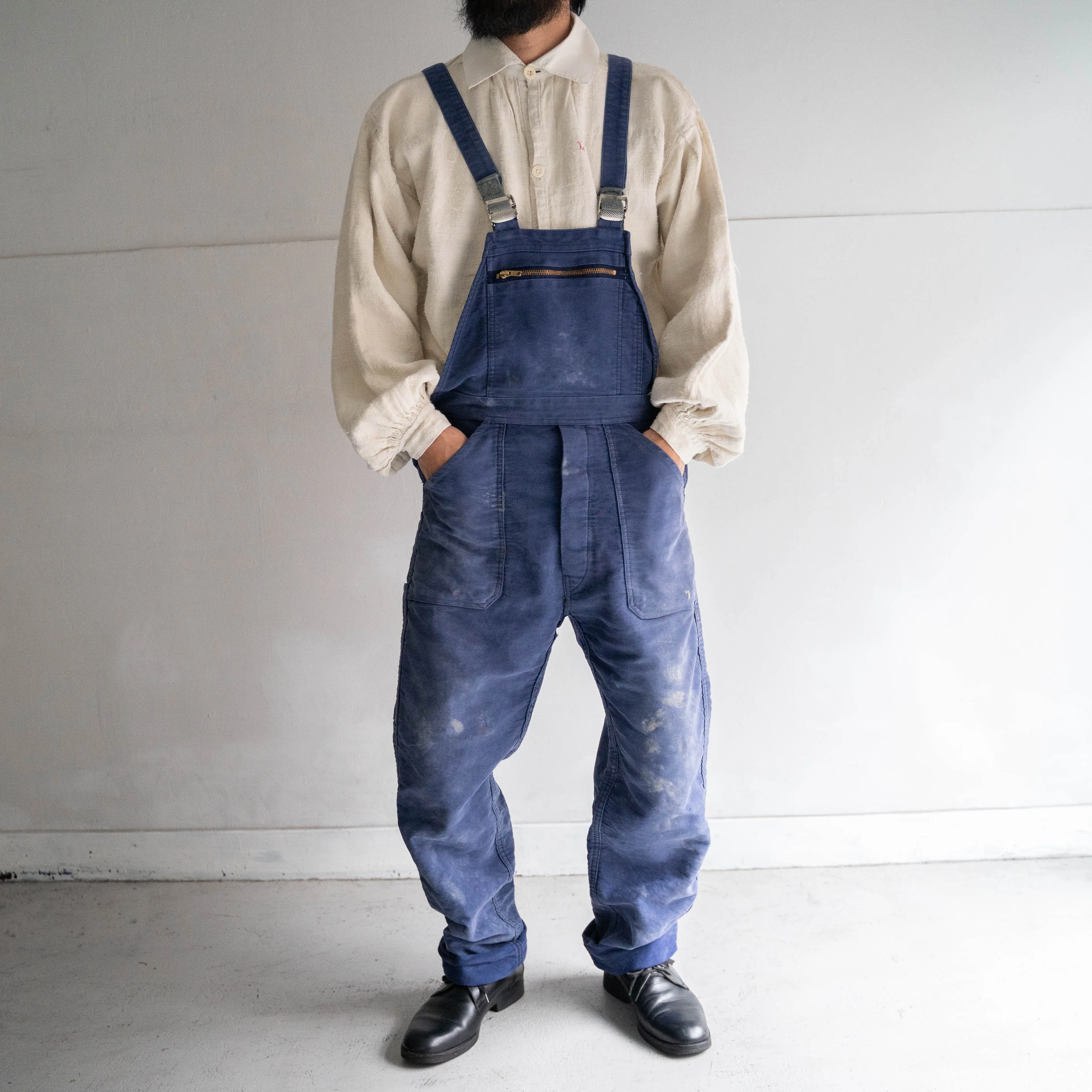 1950-60s blue moleskin work overall -good damage-