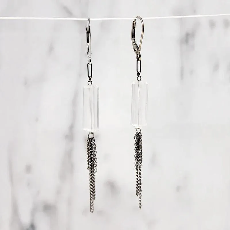 Crystal & White Gold Chain Tassel Earrings by brunet