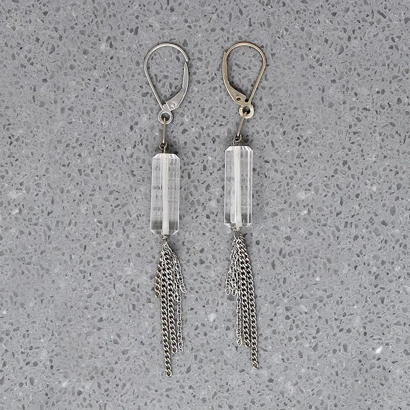 Crystal & White Gold Chain Tassel Earrings by brunet