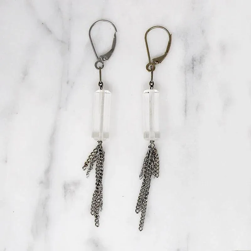 Crystal & White Gold Chain Tassel Earrings by brunet