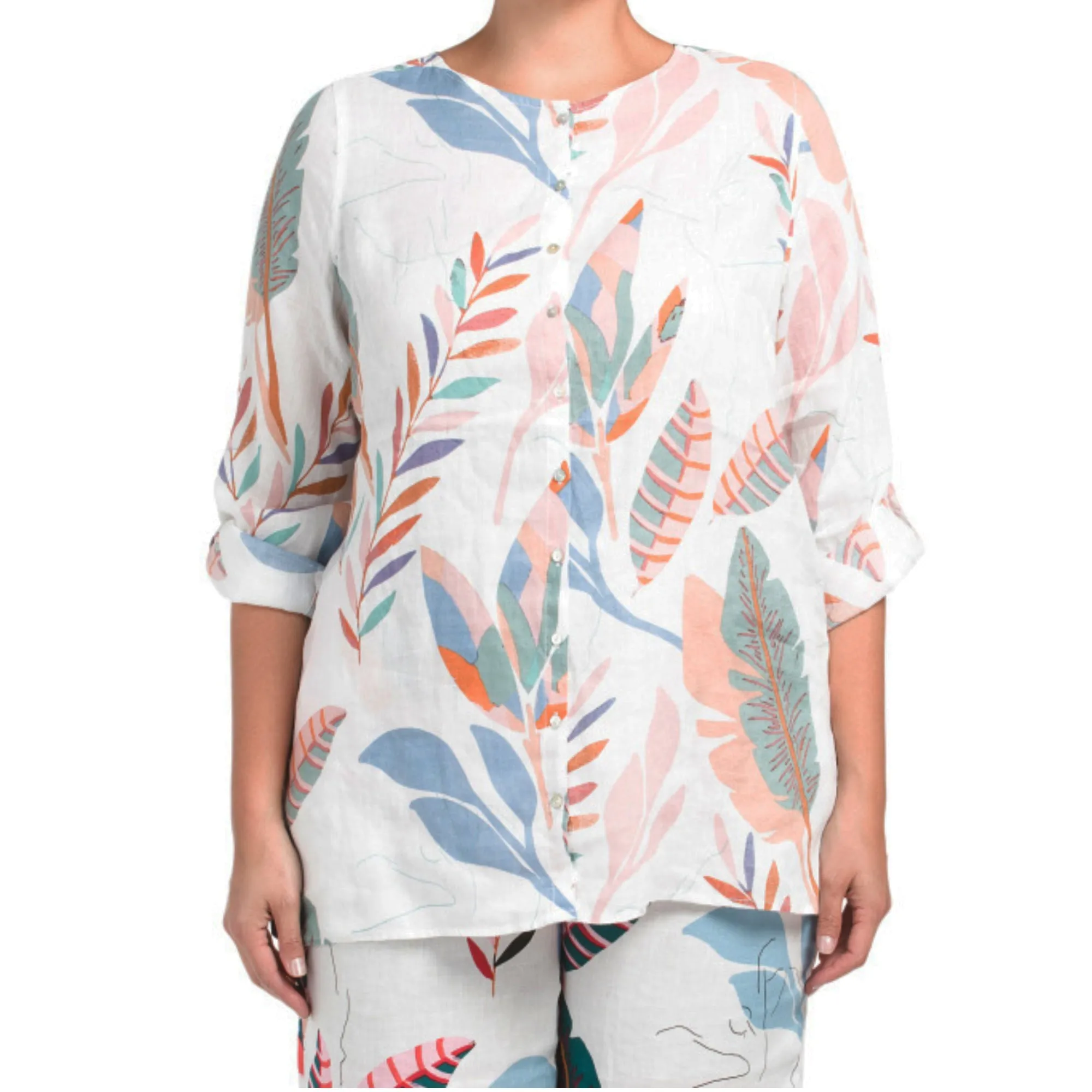 Cynthia Rowley Plus Linen Tropical Floral Print Button Front Tunic Top and Pants Collection