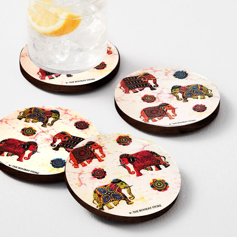 Elephant Fabrication Round Coasters with Holder (Set of 4)