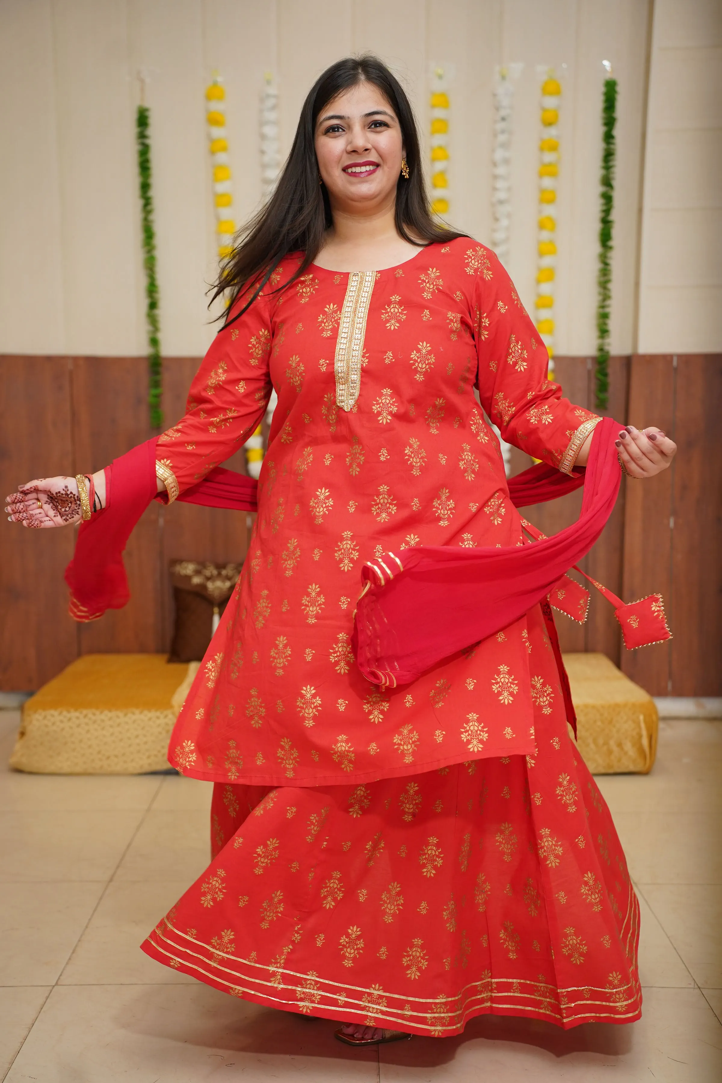 Festive Red Foiled Skirt Suit