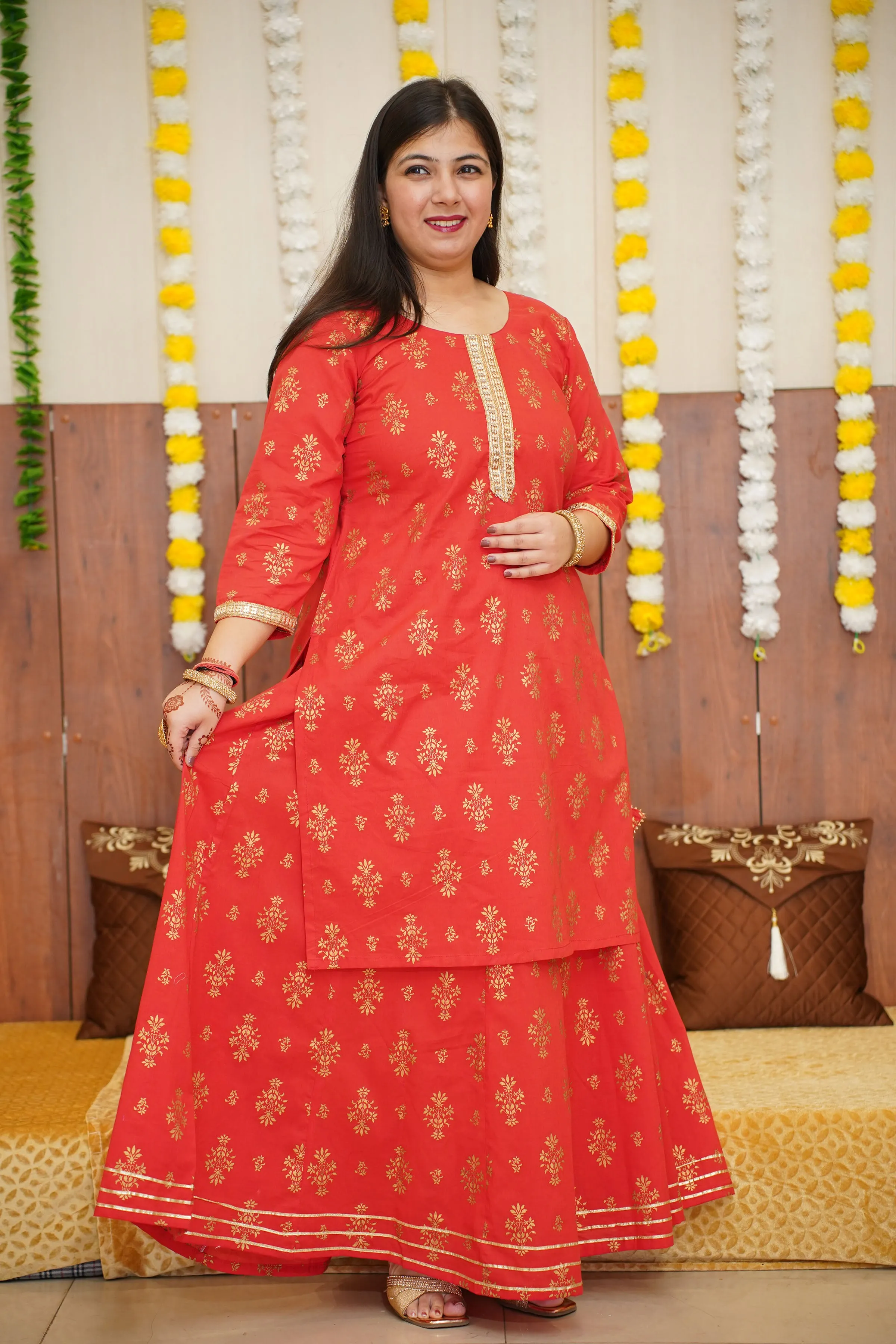 Festive Red Foiled Skirt Suit