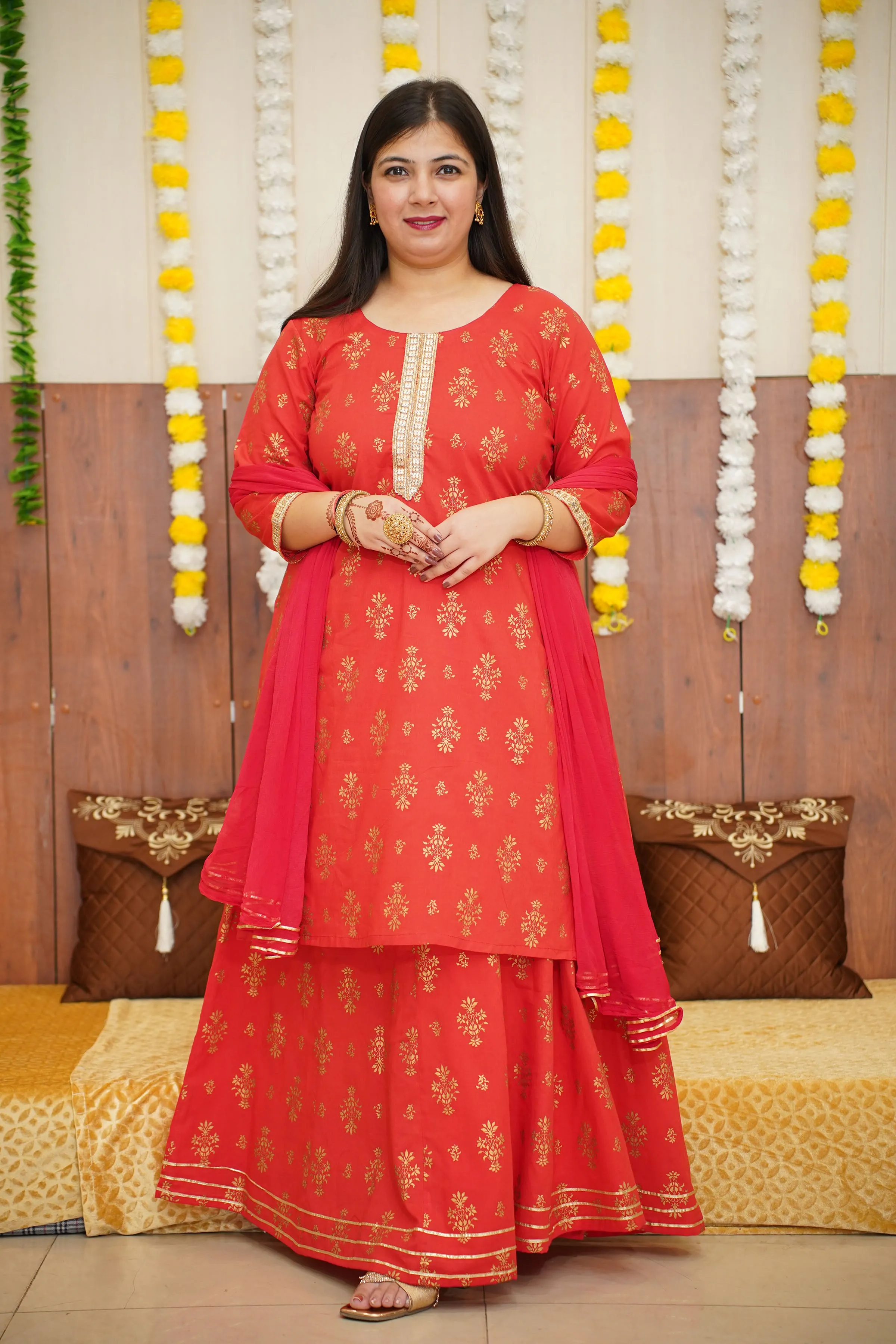 Festive Red Foiled Skirt Suit