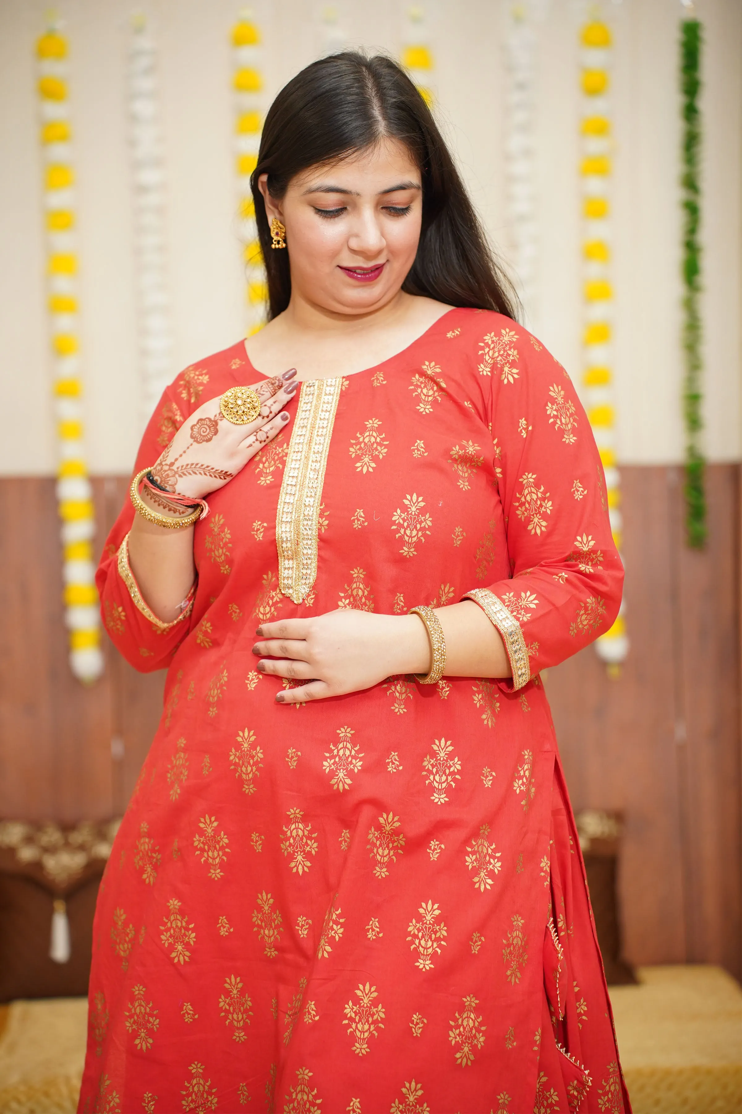 Festive Red Foiled Skirt Suit