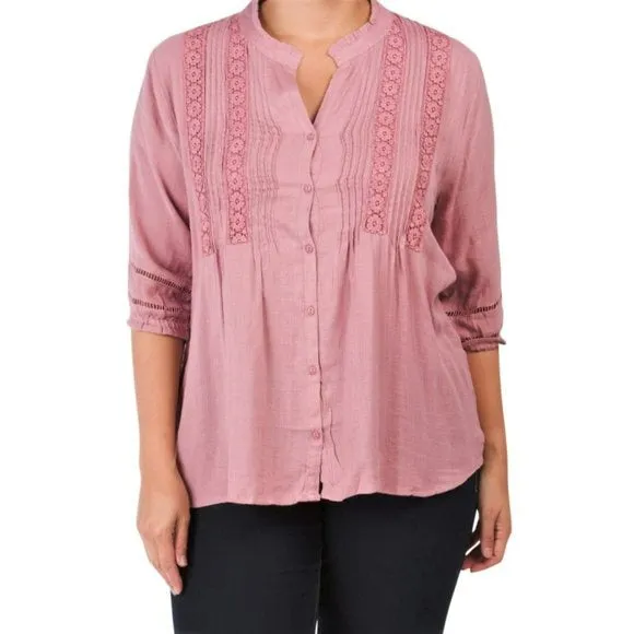 FORGOTTEN GRACE Plus Lace Button Front Cotton Tunic Top