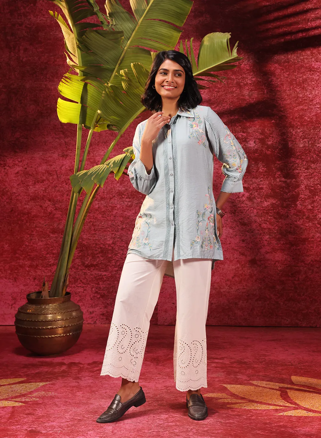 Hania Smokey Blue Embroidered Cotton Silk Shirt for Women