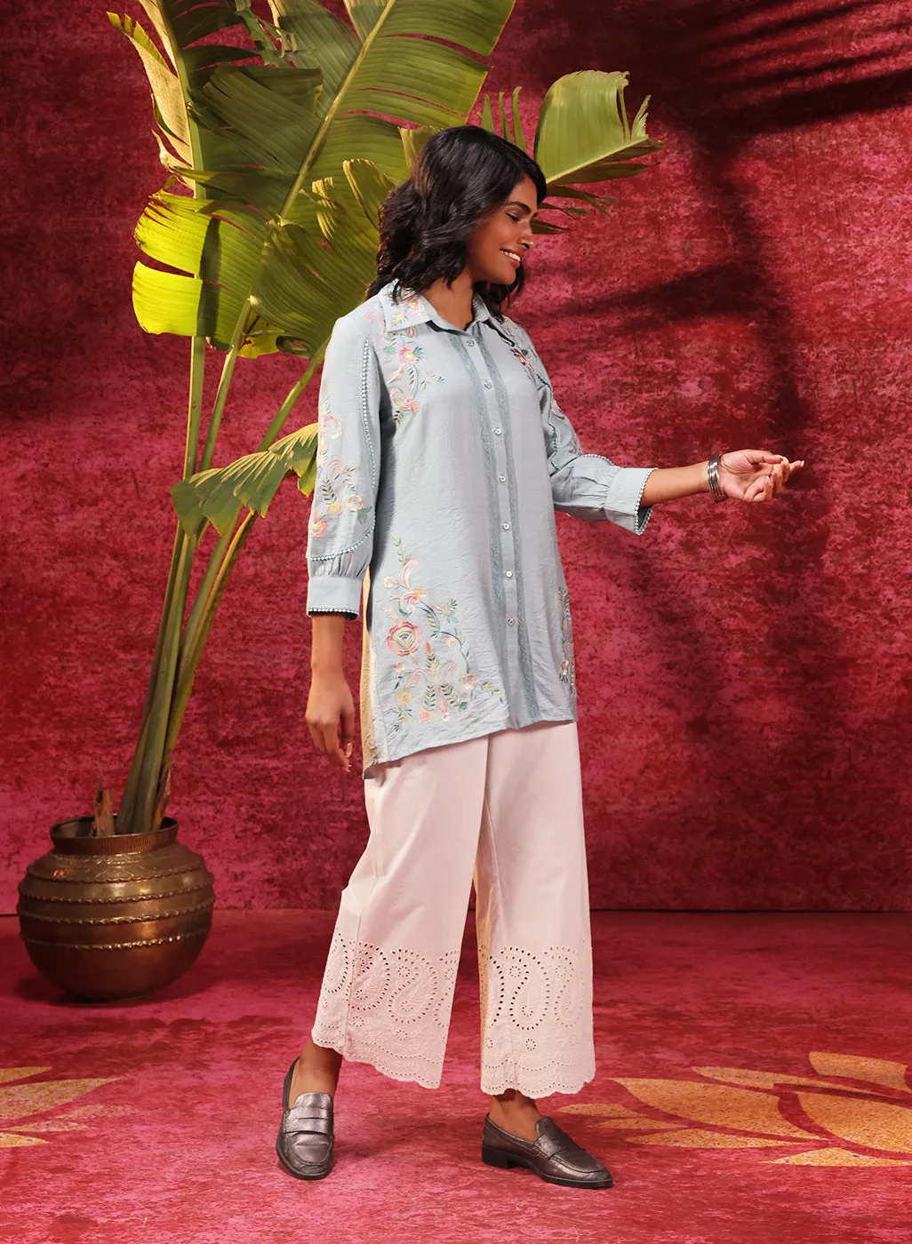 Hania Smokey Blue Embroidered Cotton Silk Shirt for Women