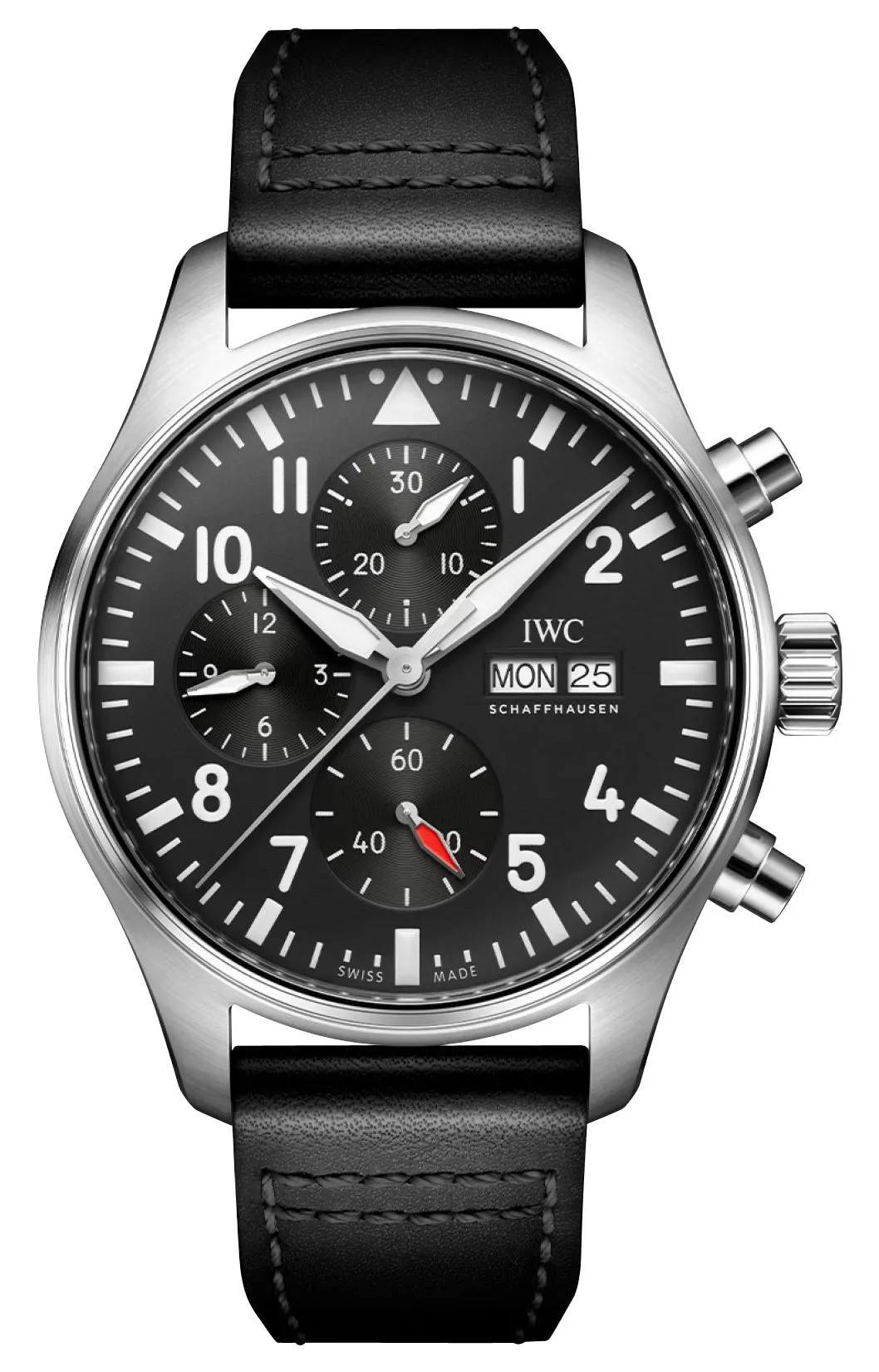 IWC Pilot's Automatic Chronograph Stainless Steel Black Dial Black Leather Strap Day/Date Mens Watch IW378001