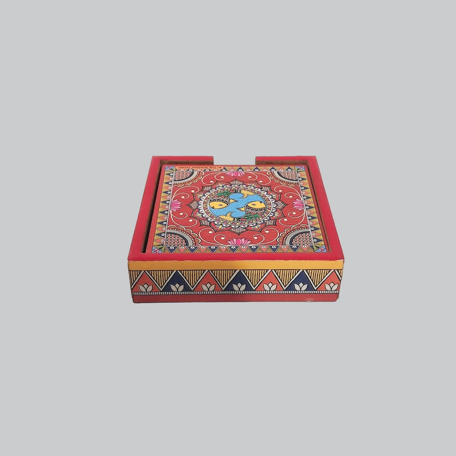 Madhubani Square Coasters with Holder (Set of 4)