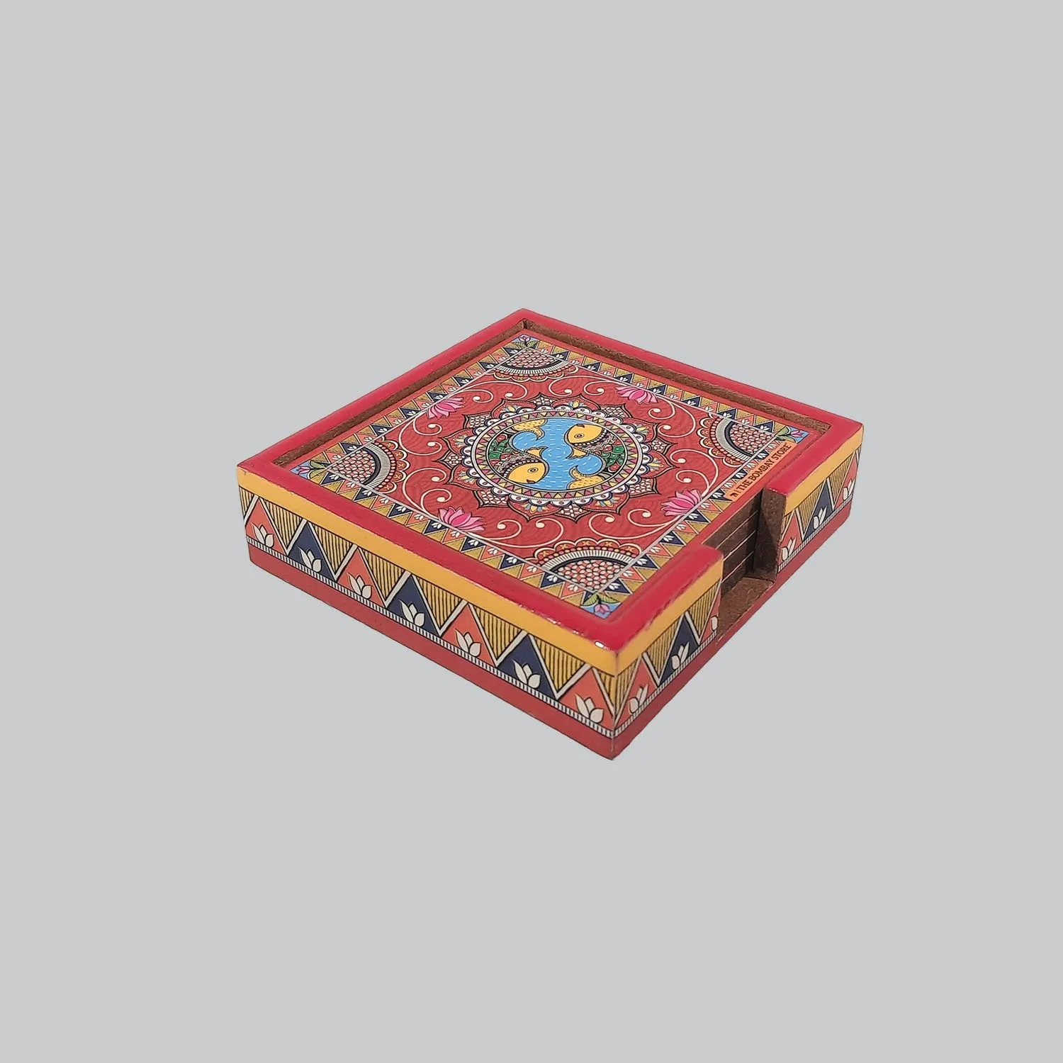 Madhubani Square Coasters with Holder (Set of 4)