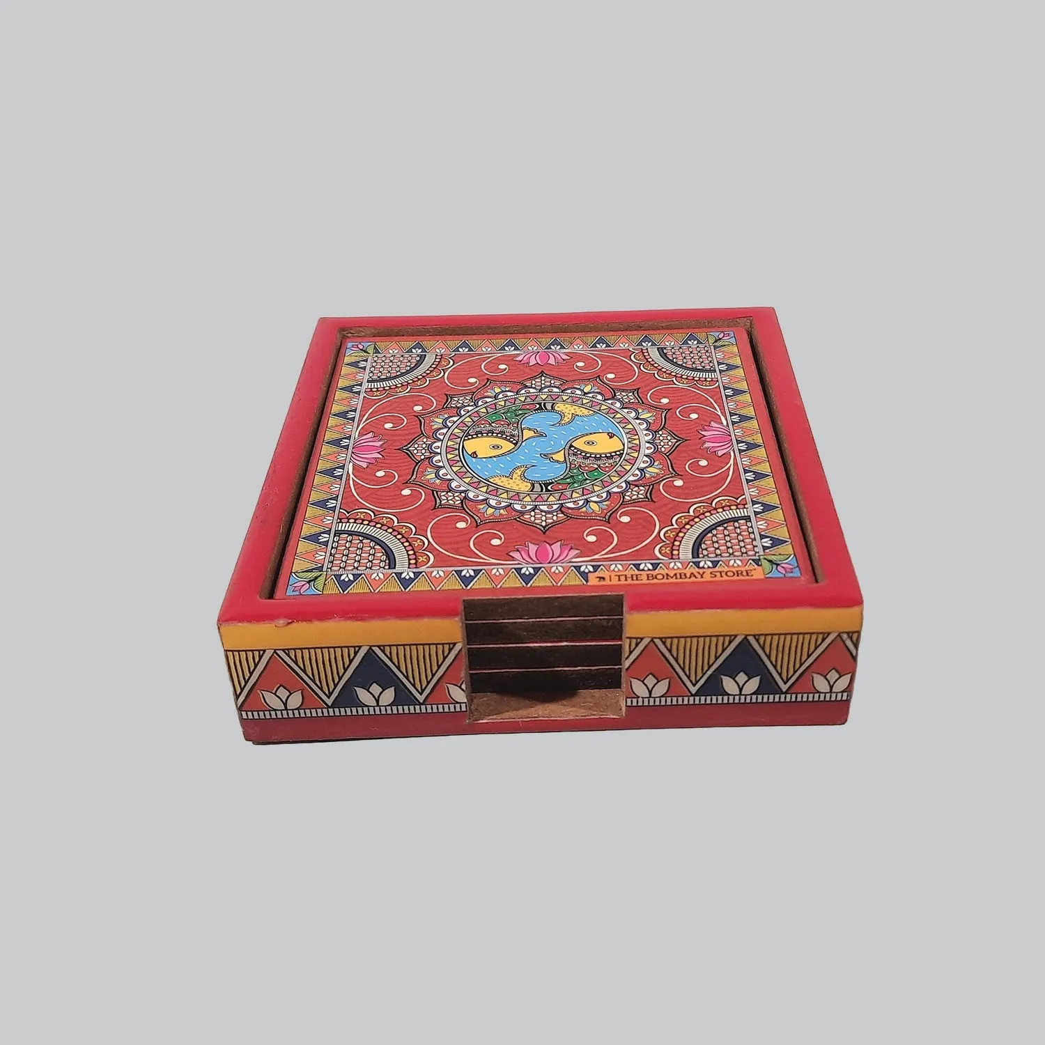 Madhubani Square Coasters with Holder (Set of 4)