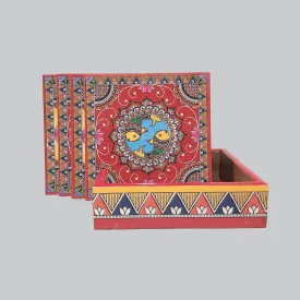 Madhubani Square Coasters with Holder (Set of 4)