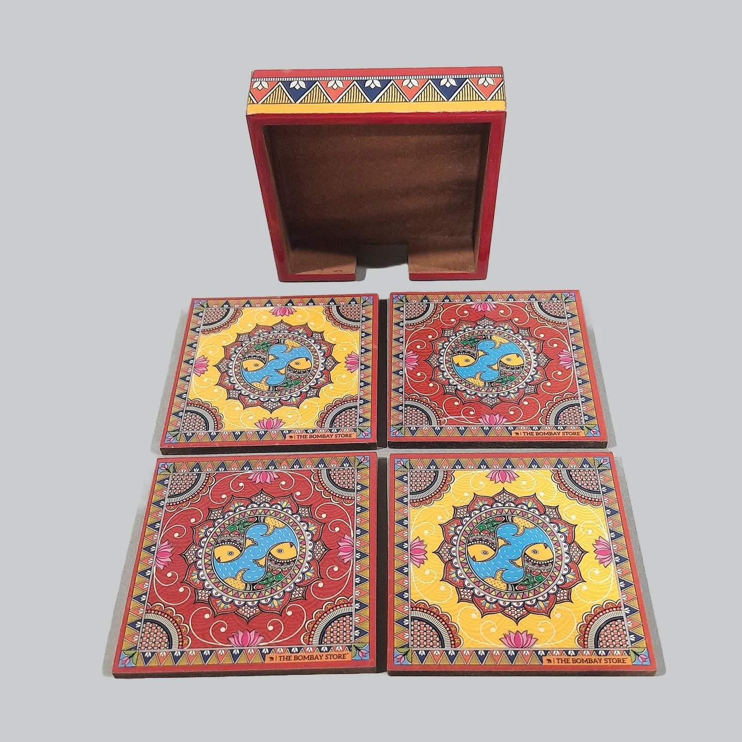 Madhubani Square Coasters with Holder (Set of 4)