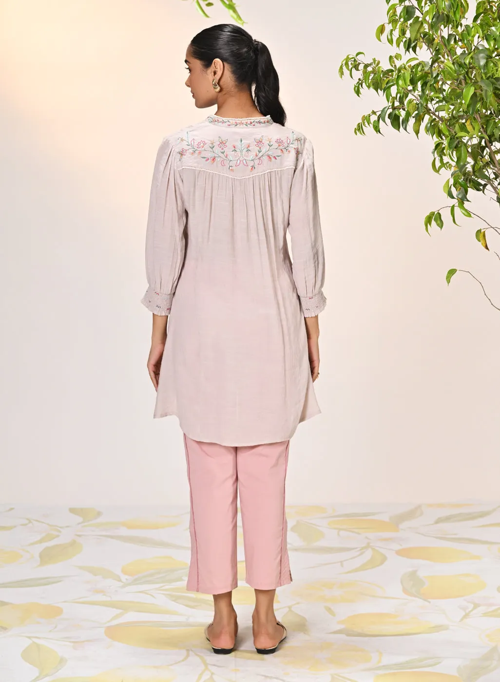 Maha Misty Rose Embroidered Crinkled Crepe Shirt for Women