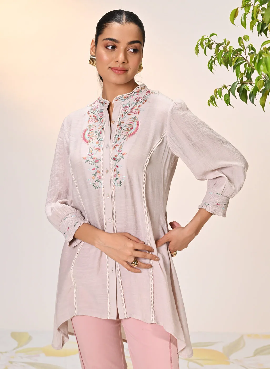 Maha Misty Rose Embroidered Crinkled Crepe Shirt for Women