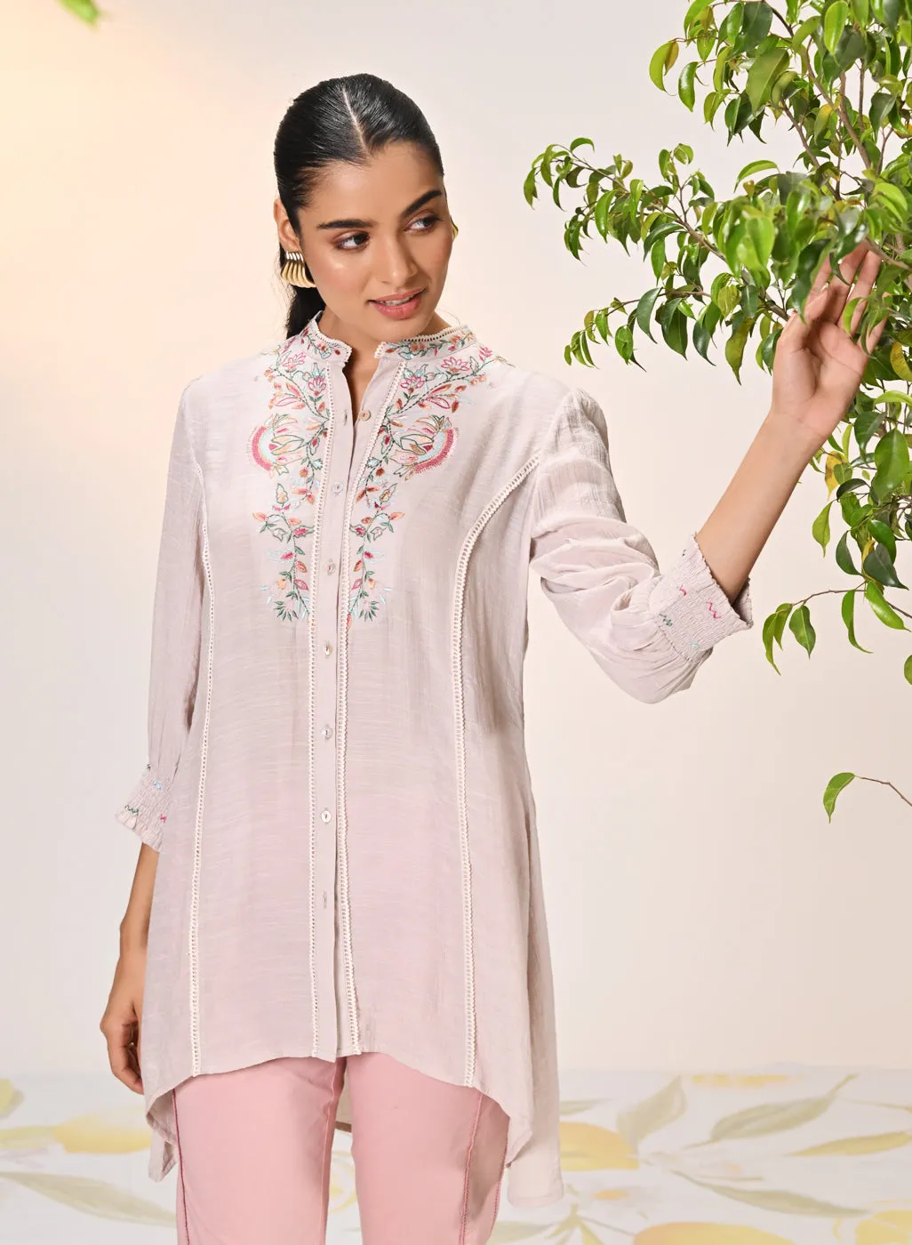 Maha Misty Rose Embroidered Crinkled Crepe Shirt for Women