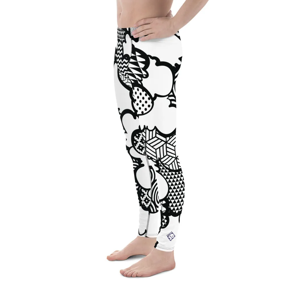 Men's Black and White Graffiti Clouds Pattern Athletic Leggings for Running, Gym, Jiu-Jitsu and MMA