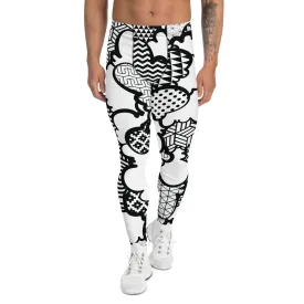 Men's Black and White Graffiti Clouds Pattern Athletic Leggings for Running, Gym, Jiu-Jitsu and MMA