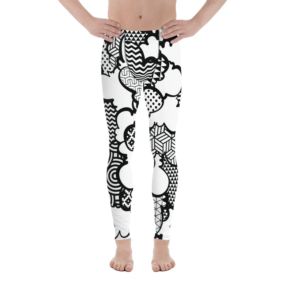 Men's Black and White Graffiti Clouds Pattern Athletic Leggings for Running, Gym, Jiu-Jitsu and MMA