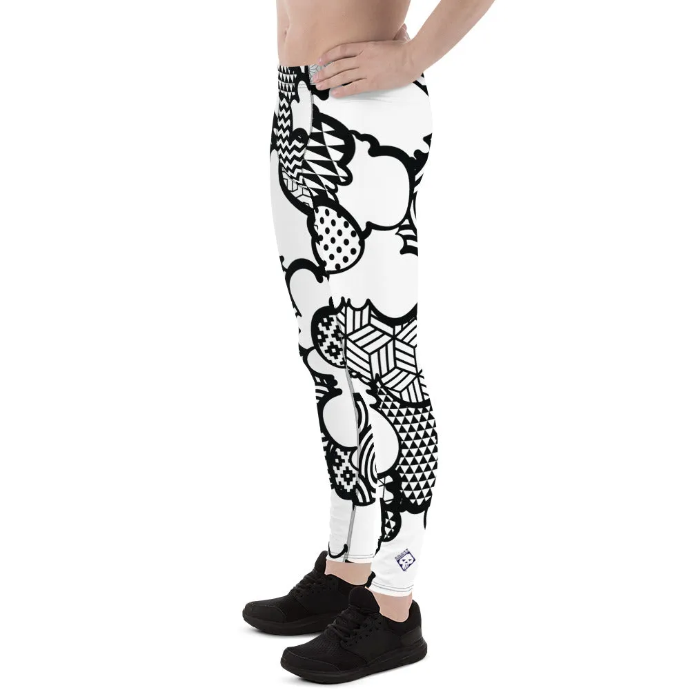 Men's Black and White Graffiti Clouds Pattern Athletic Leggings for Running, Gym, Jiu-Jitsu and MMA