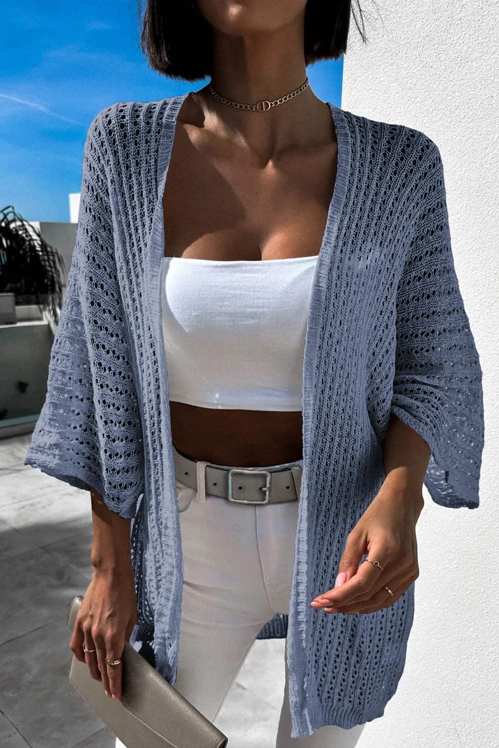 Rose Hollow-out Knit Kimono Lightweight Cardigan