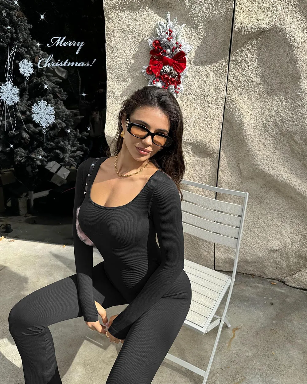 Square Neck Long Sleeve Bell Bottoms Jumpsuits