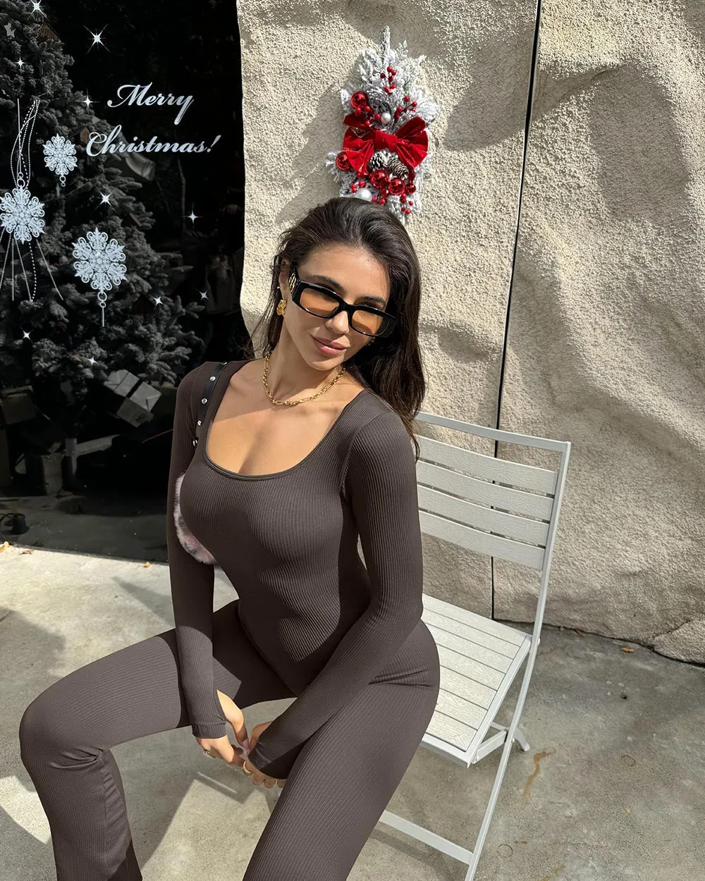 Square Neck Long Sleeve Bell Bottoms Jumpsuits