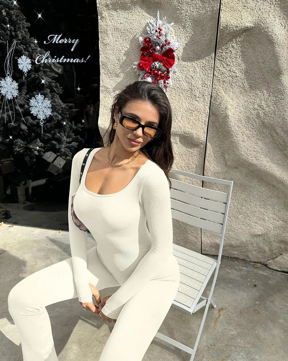 Square Neck Long Sleeve Bell Bottoms Jumpsuits