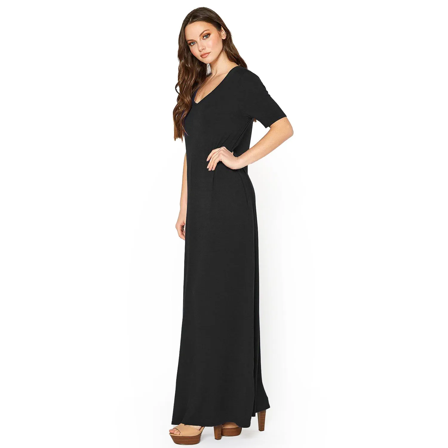 V-neck Short Sleeve Maxi Dress With Pockets