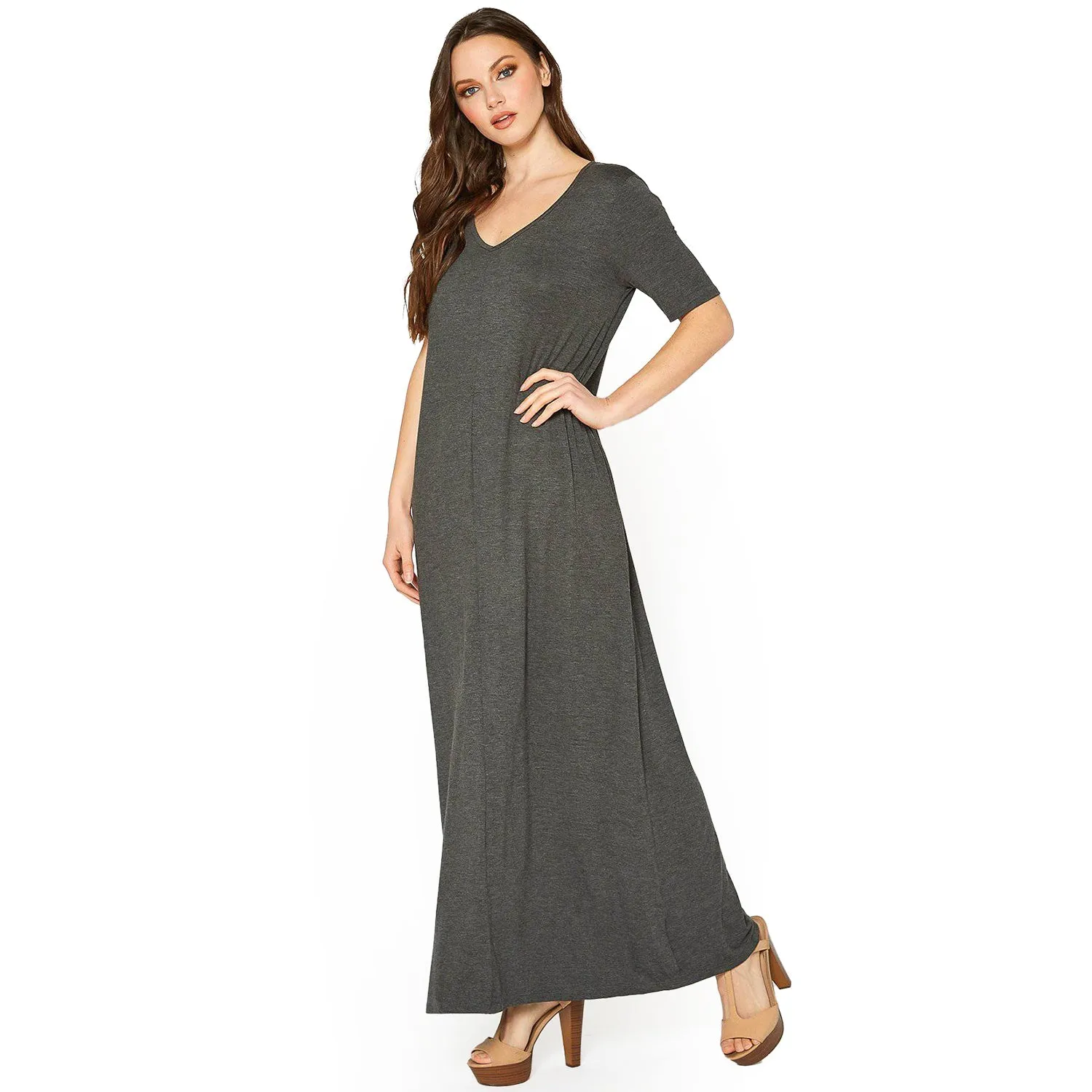 V-neck Short Sleeve Maxi Dress With Pockets