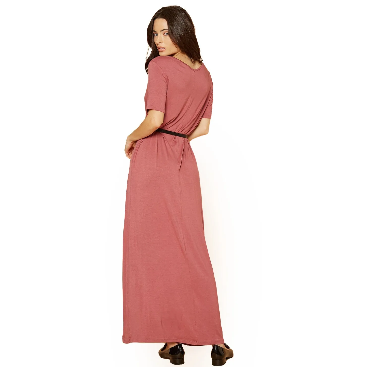 V-neck Short Sleeve Maxi Dress With Pockets