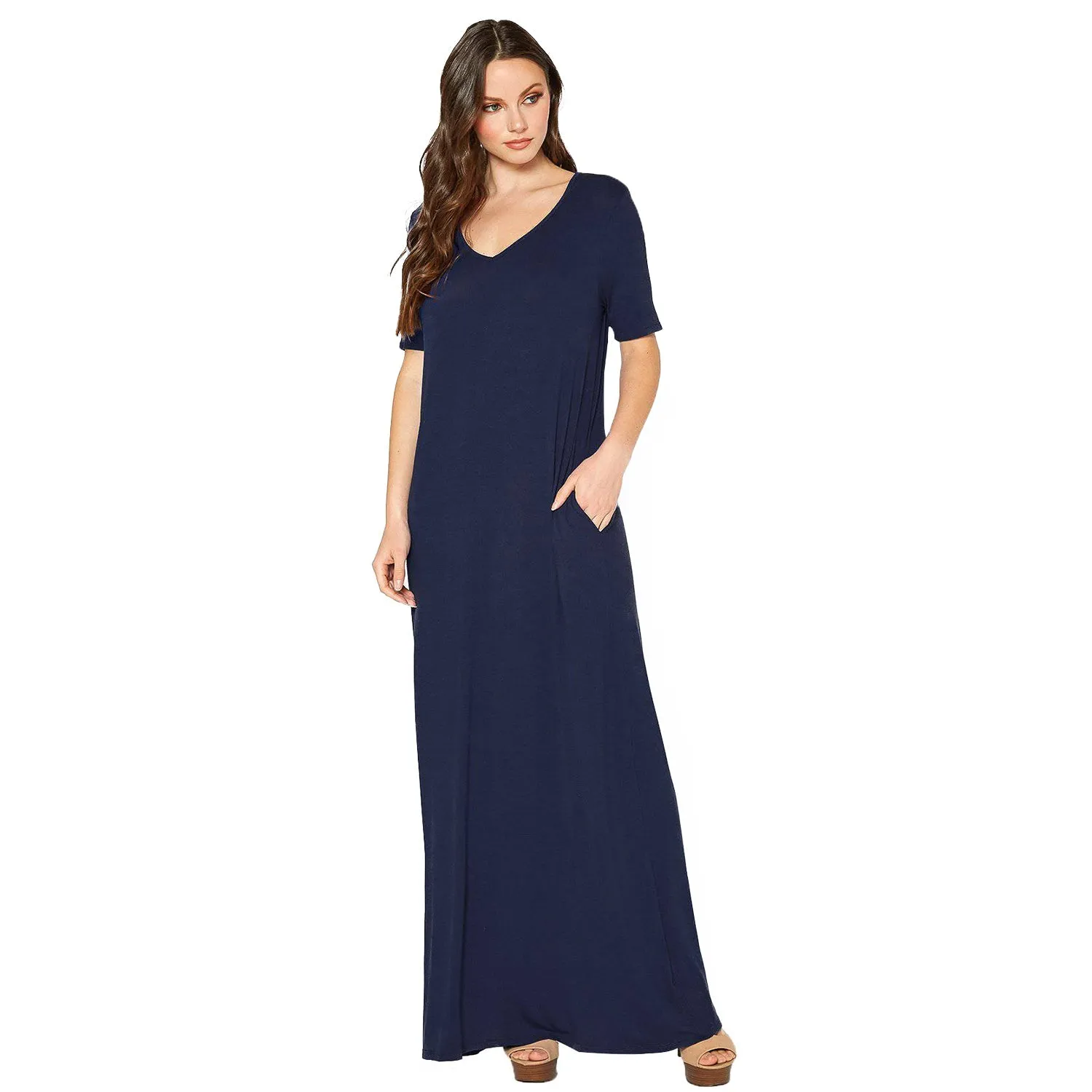 V-neck Short Sleeve Maxi Dress With Pockets