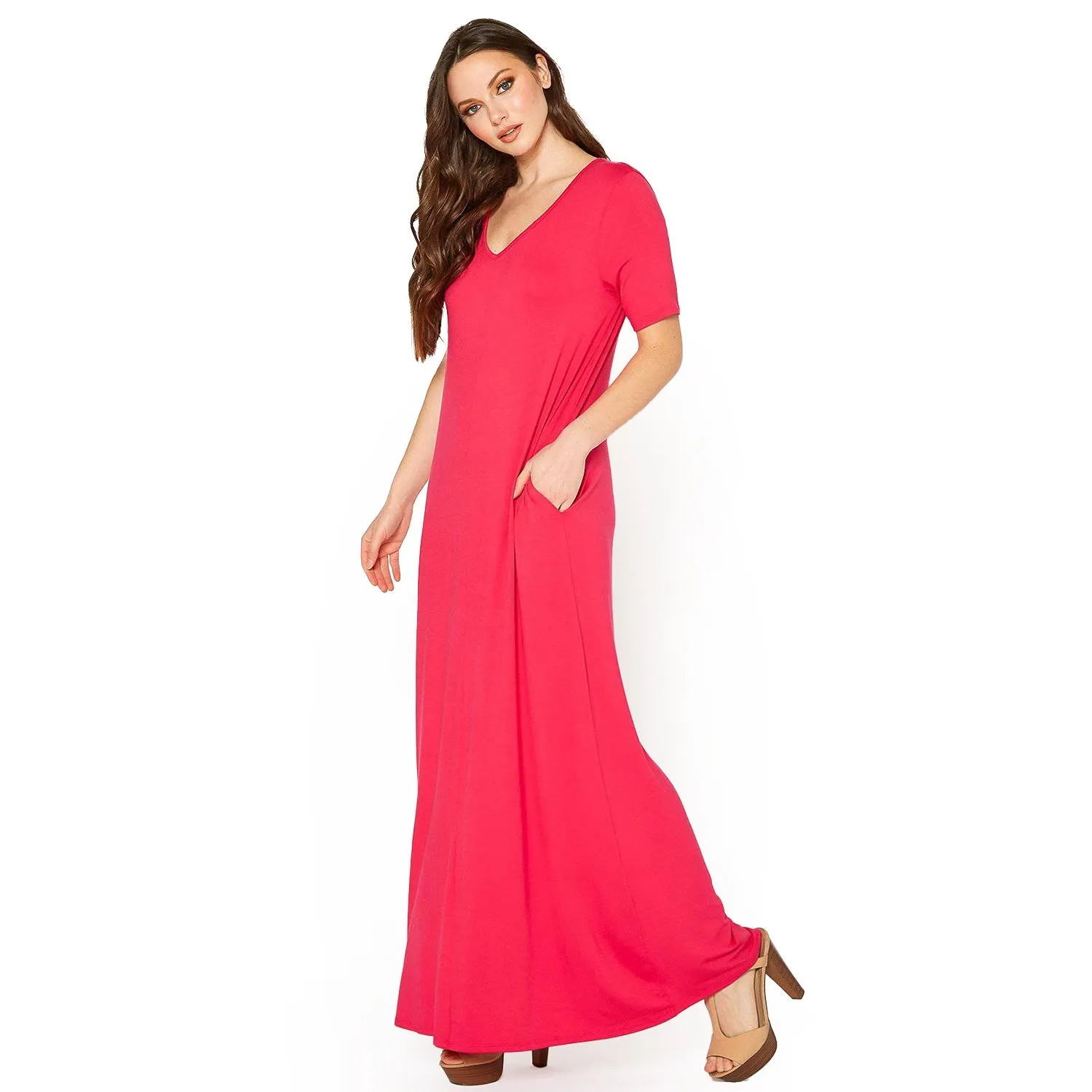 V-neck Short Sleeve Maxi Dress With Pockets