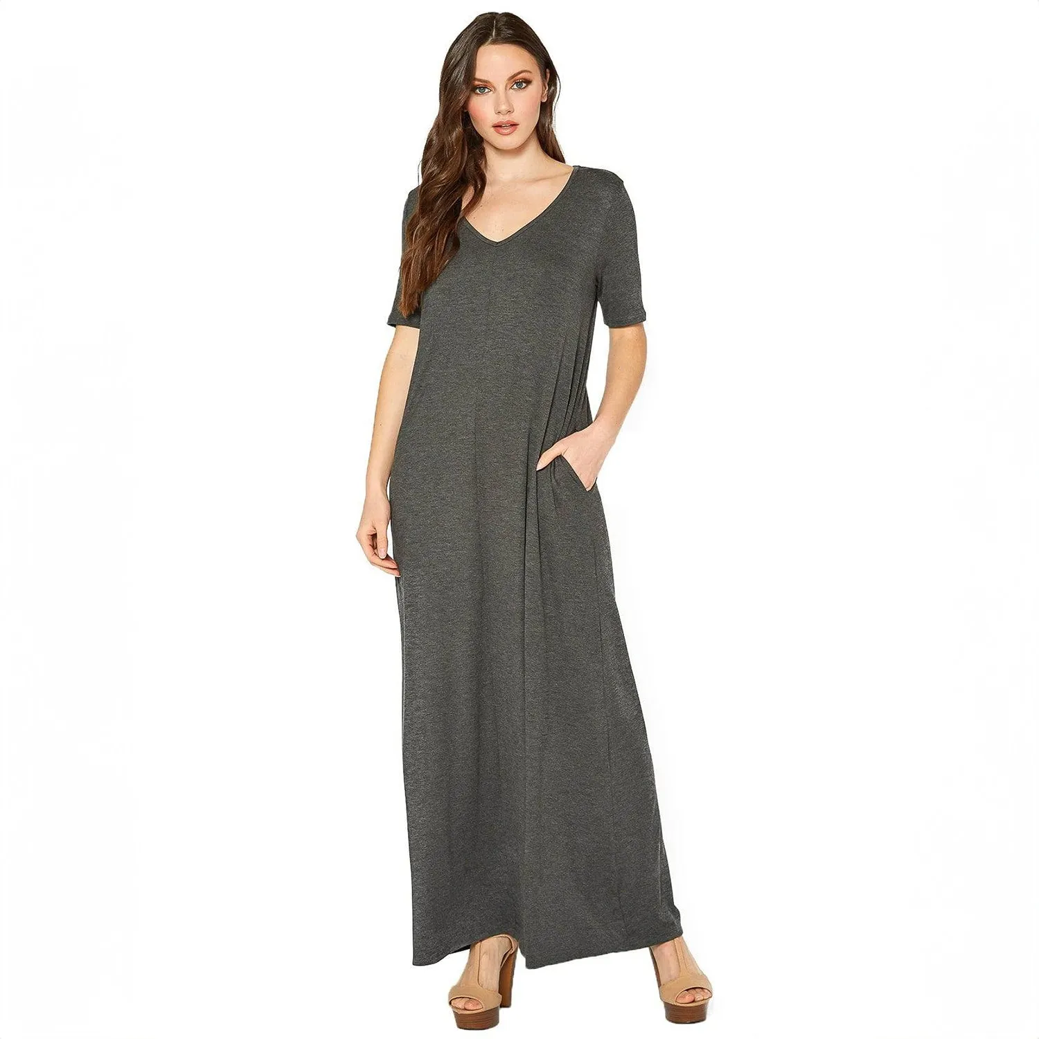 V-neck Short Sleeve Maxi Dress With Pockets