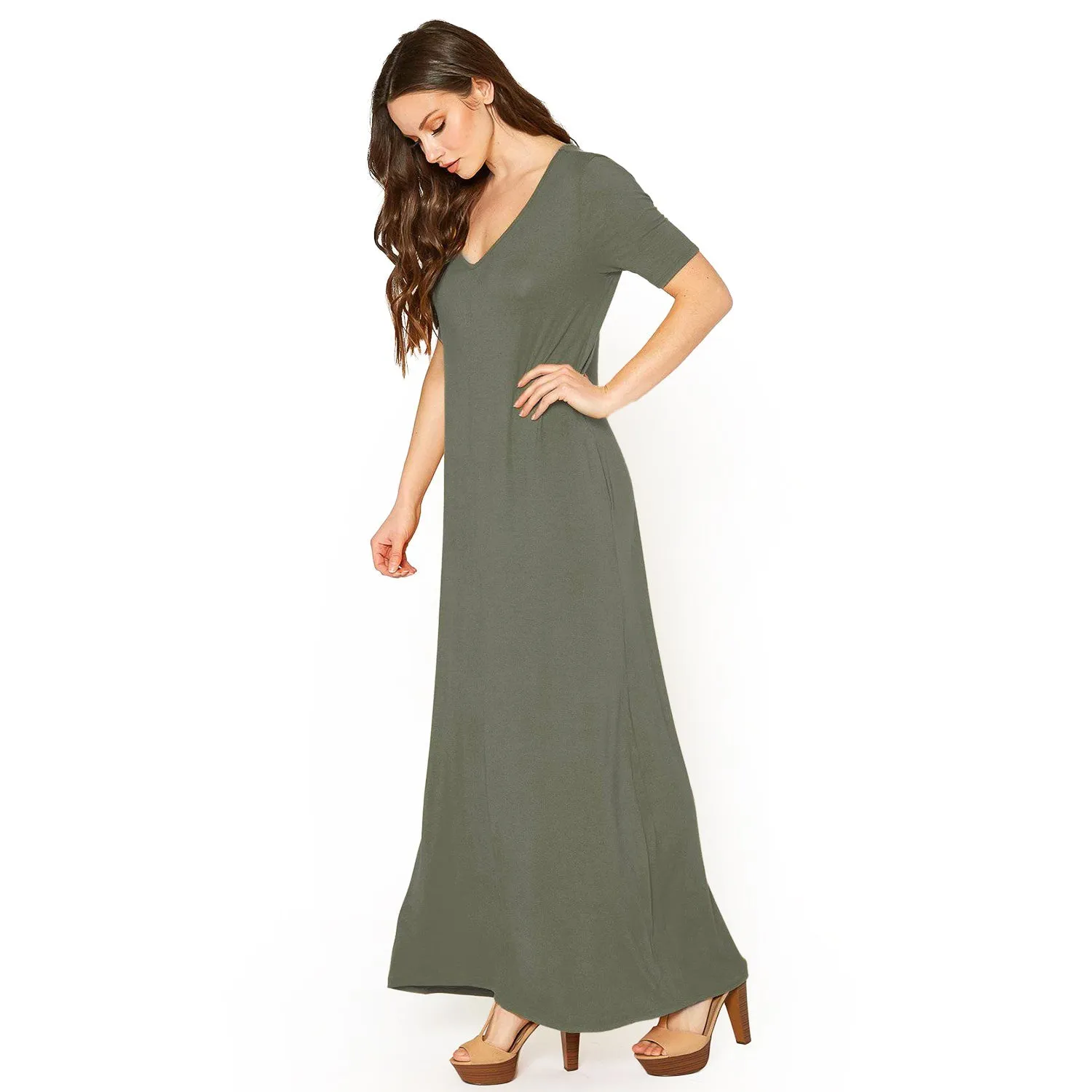 V-neck Short Sleeve Maxi Dress With Pockets