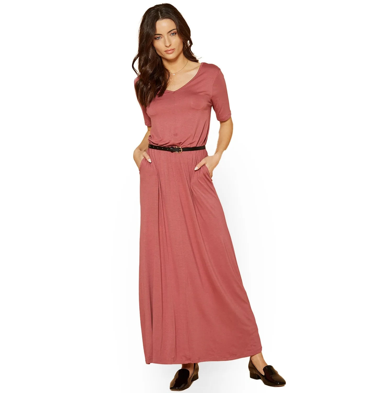 V-neck Short Sleeve Maxi Dress With Pockets