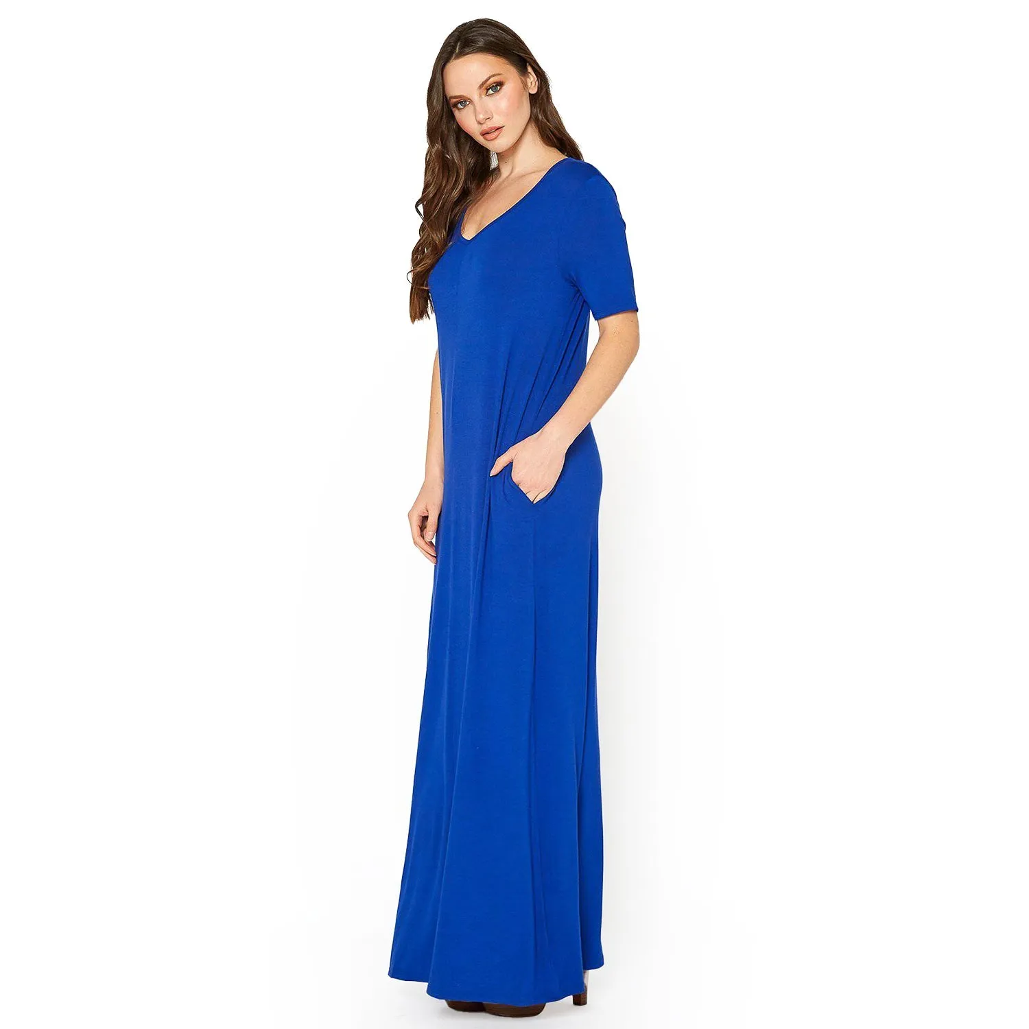 V-neck Short Sleeve Maxi Dress With Pockets