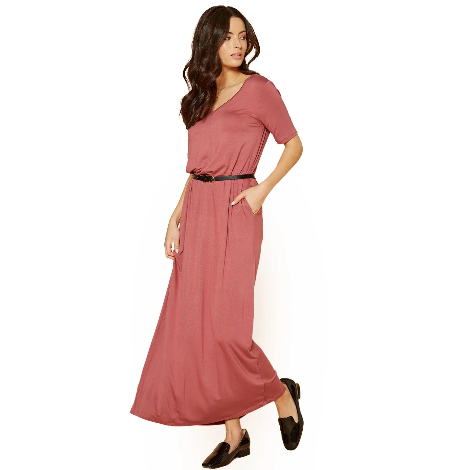 V-neck Short Sleeve Maxi Dress With Pockets