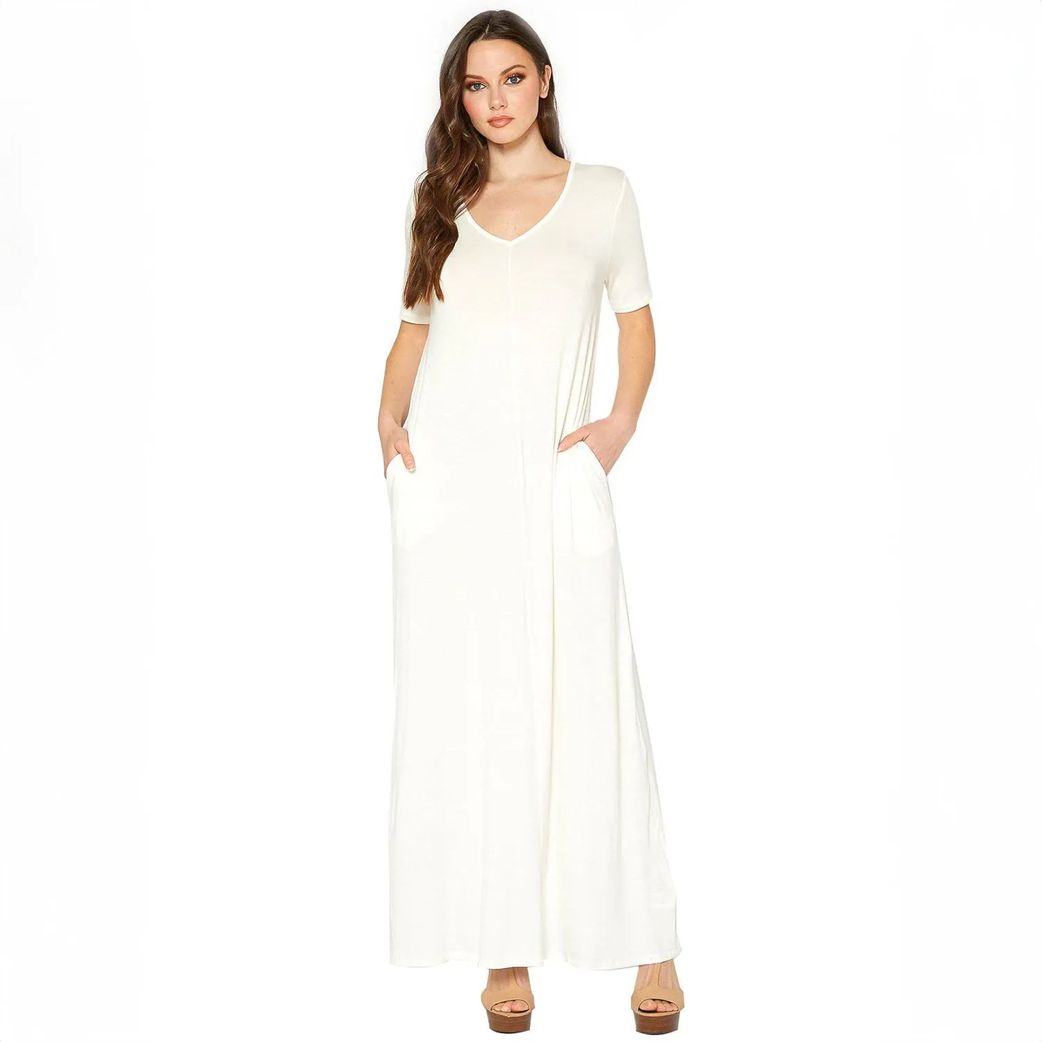 V-neck Short Sleeve Maxi Dress With Pockets