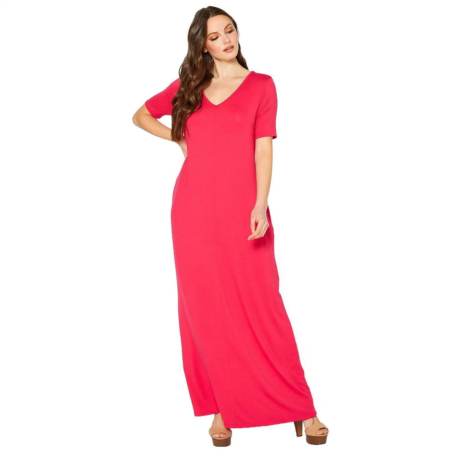 V-neck Short Sleeve Maxi Dress With Pockets