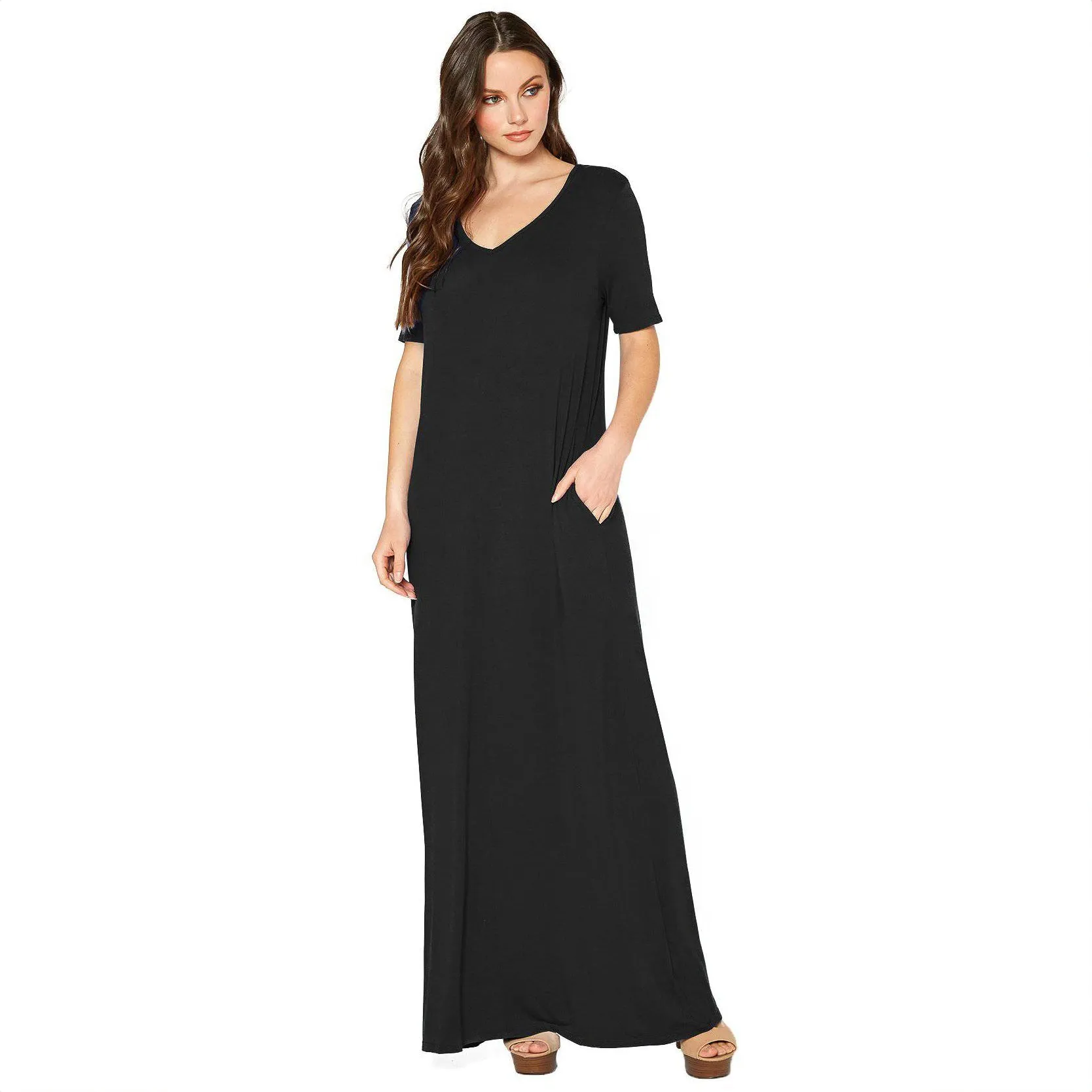 V-neck Short Sleeve Maxi Dress With Pockets