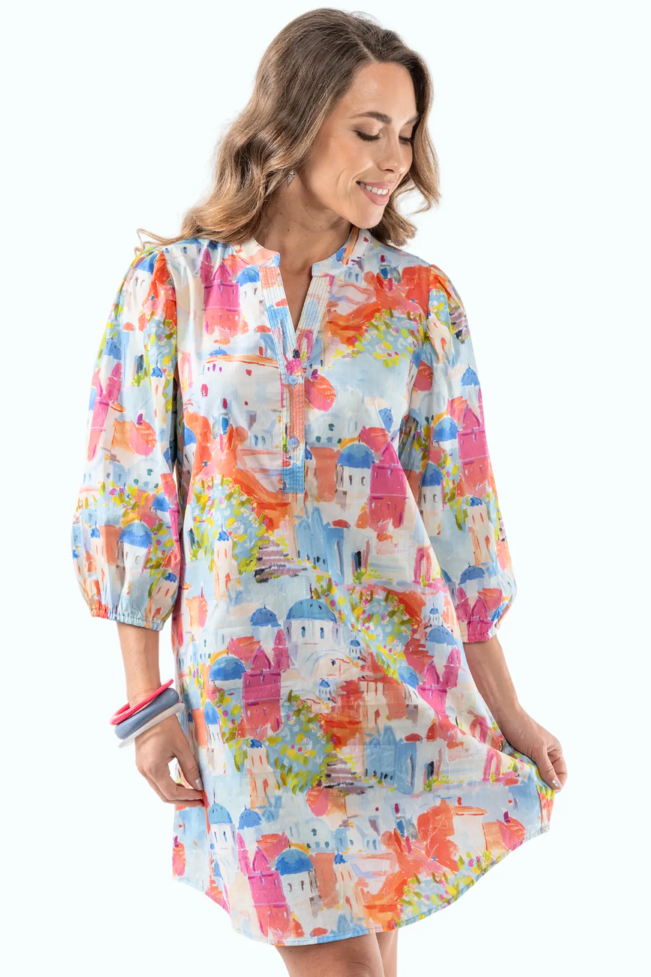 Women's City Scape Print Short Dress Long Sleeves-"Darcy"