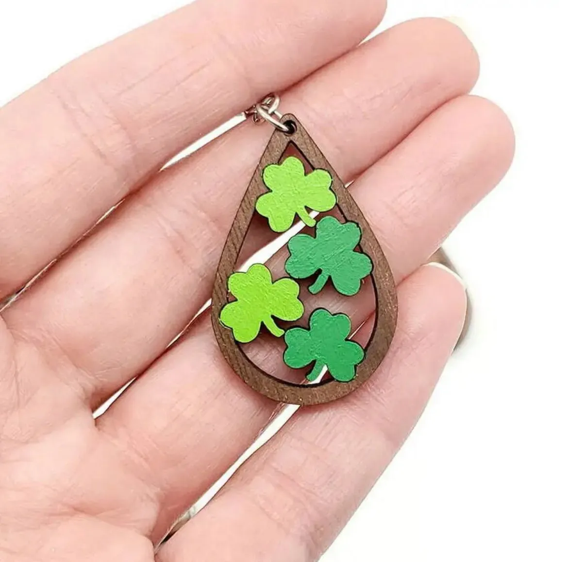 Wooden Shamrock Teardrop Earrings